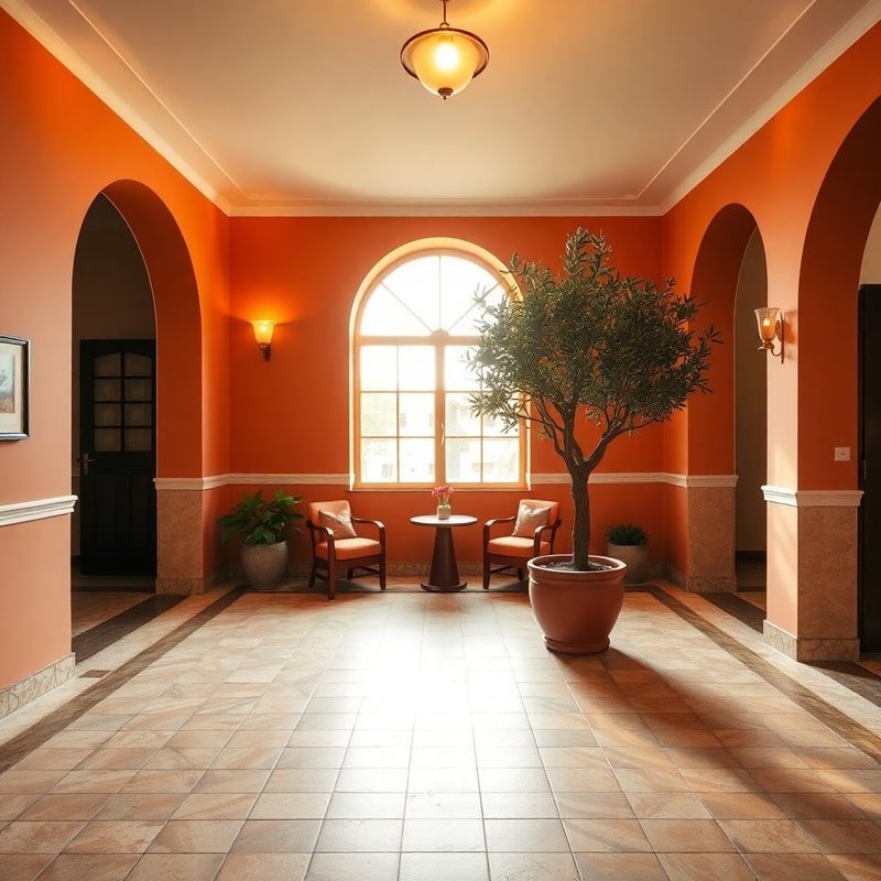 Swiftaastro lobby interior with terracotta-cream walls and warm brass lighting