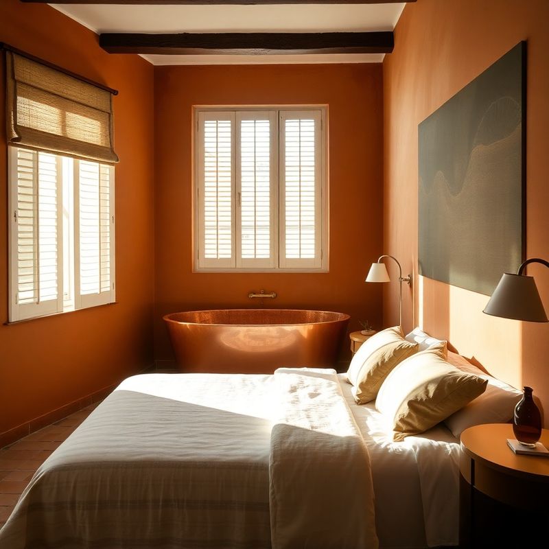 Boutique hotel room with terracotta plaster walls and cream linen bedding